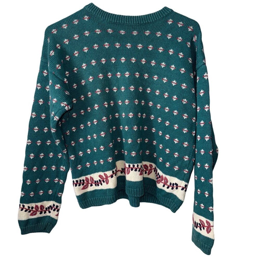 Cape Isle Knitters Vintage Teal Fair Isle Knit Sweater Hand Embroidered Small